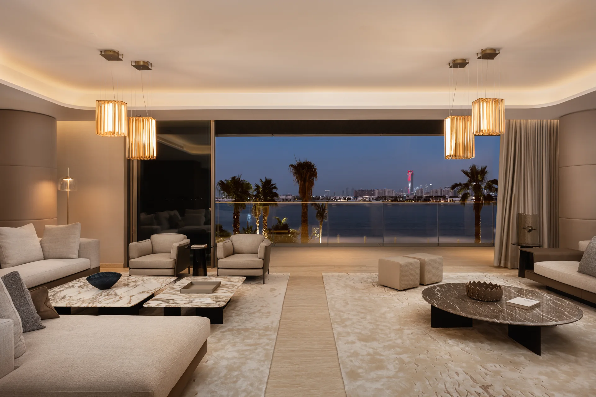 Reserve Tower living room at dusk